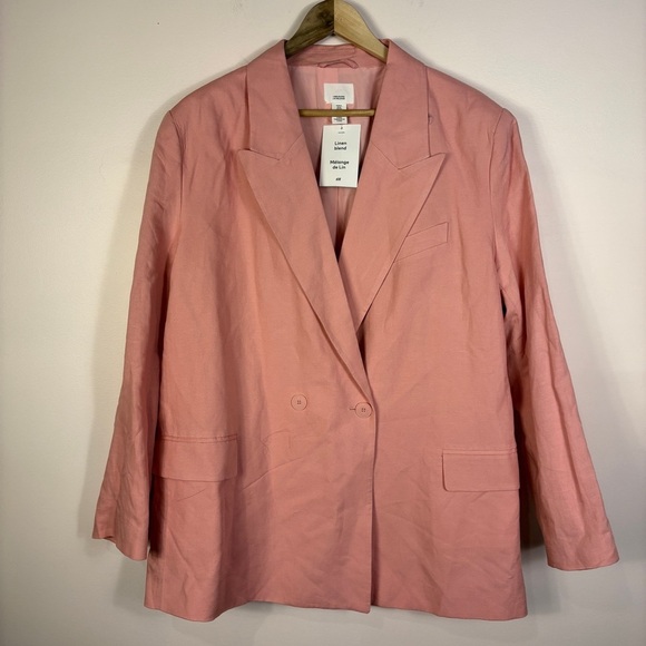 H&M Jackets & Blazers - H&M Pink Linen Blend Double-Breasted Blazer Classic Office Minimalist